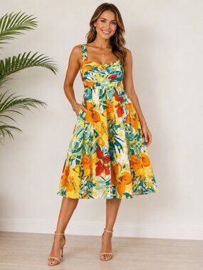 Madison Leigh Boho Sundress Sz 10 Built In Bra Orange Floral Tropical Fit Flare